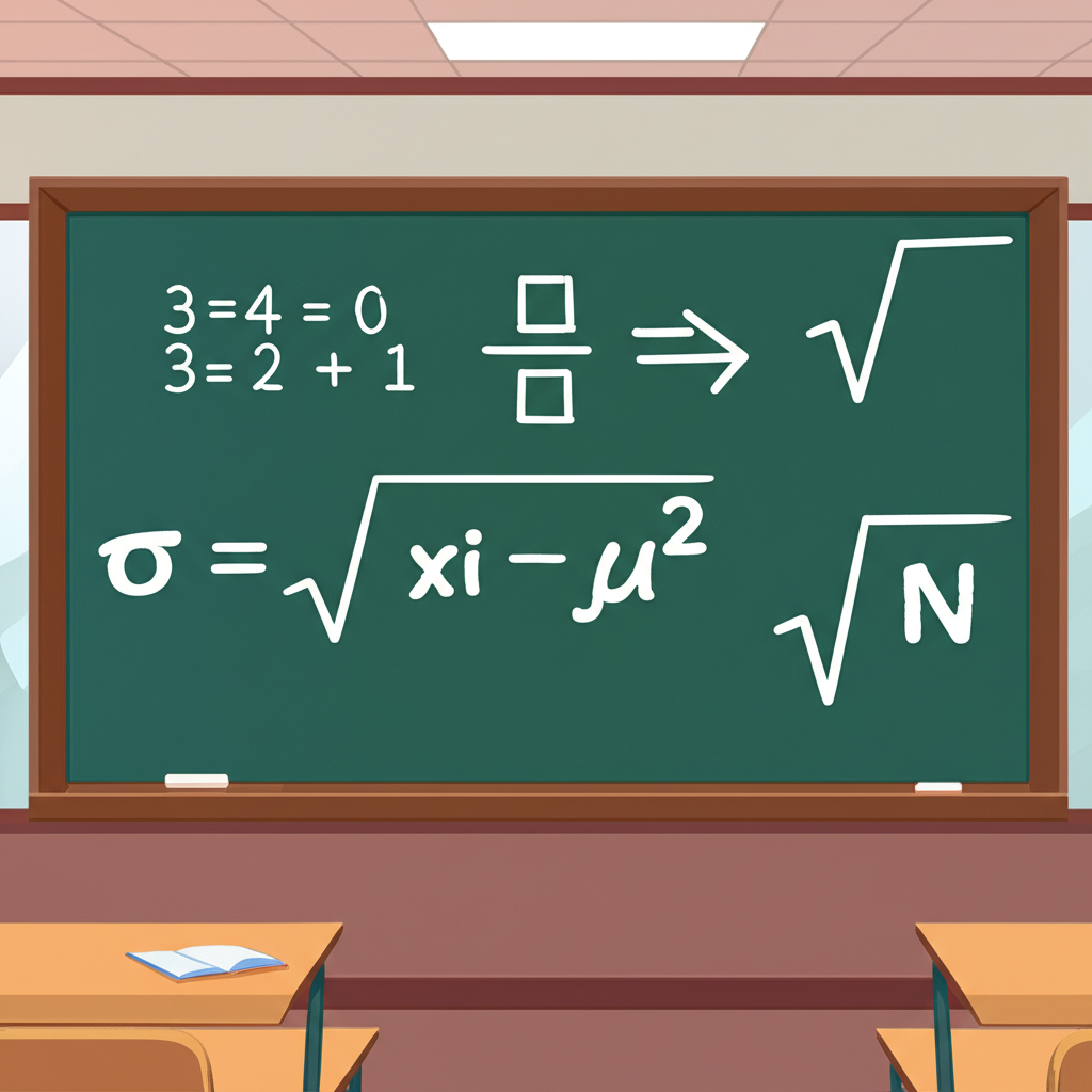 Chalkboard illustration showing the step-by-step calculation of standard deviation