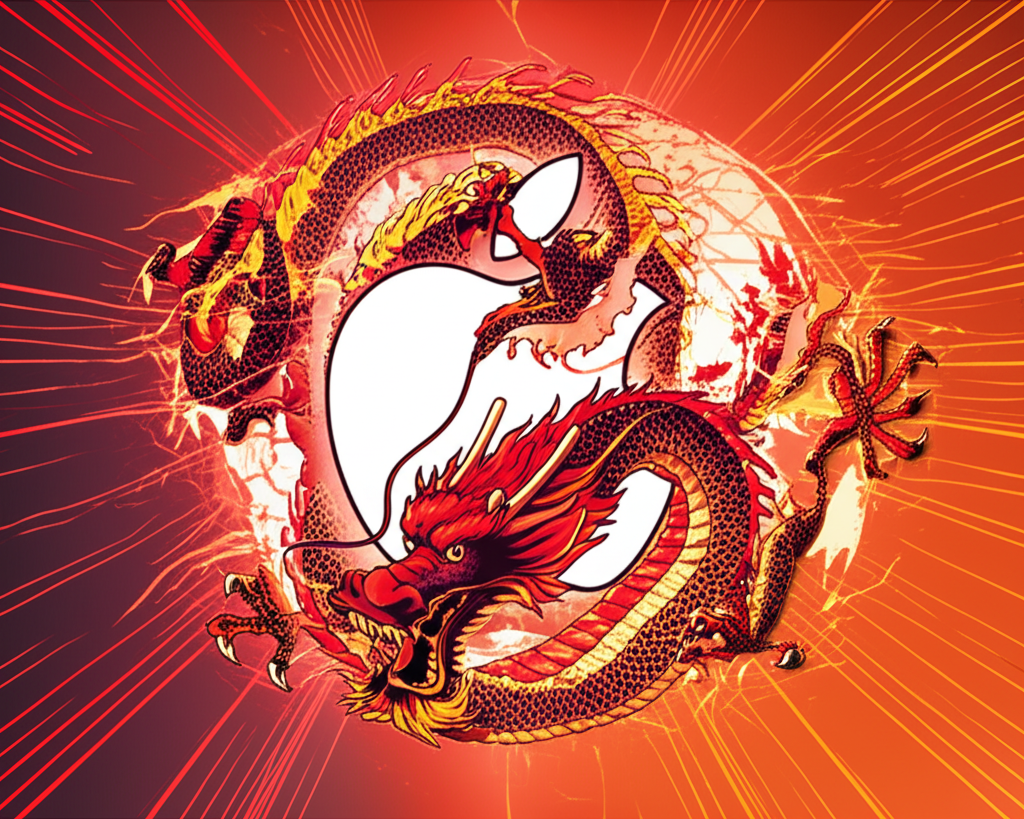 Illustration of an Apple logo entangled with a Chinese dragon, set against a backdrop of global supply chain routes and geopolitical tension, delicate balance, clean lines.