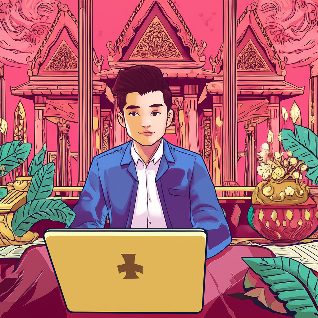 Trader on laptop in Thai setting, illustration