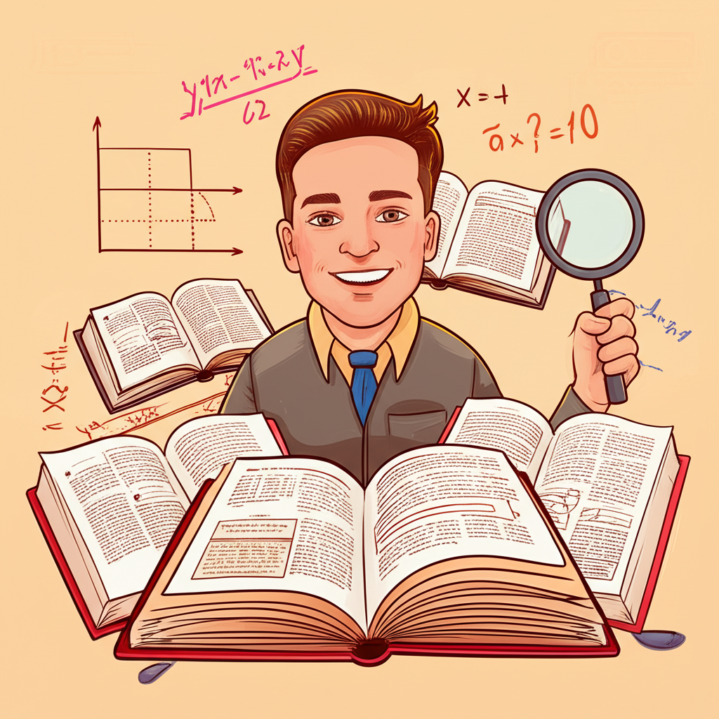 Illustration of a young Larry Cermak surrounded by open books, equations, and a magnifying glass, symbolizing his strong educational foundation and development of quantitative and critical thinking skills essential for analyzing complex financial systems.