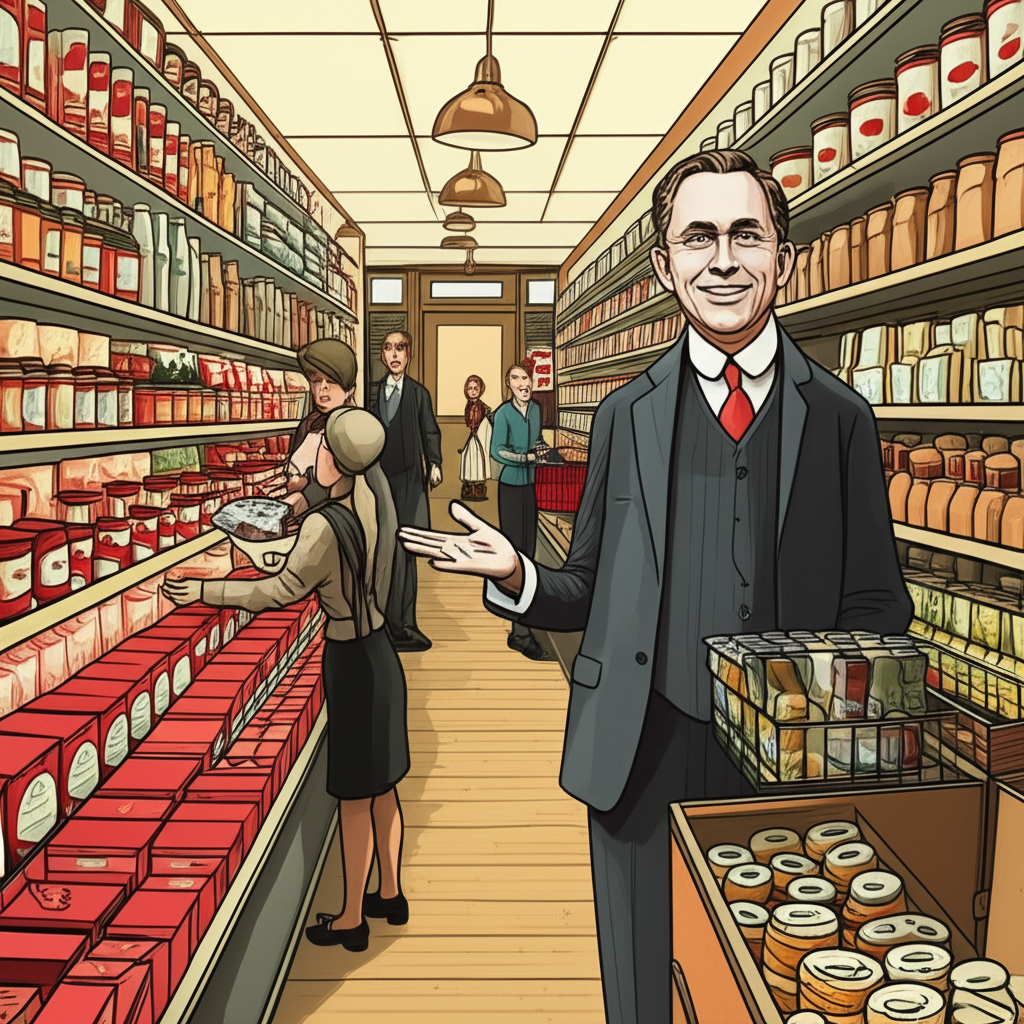 Clarence Saunders presenting the first self-service Piggly Wiggly store in 1916, illustrating his retail revolution