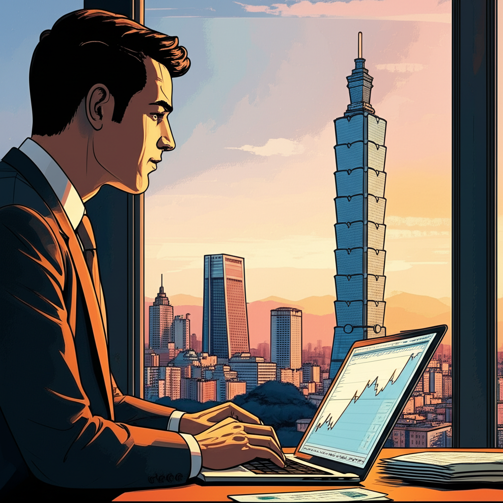 US investor studying forex on laptop with Taipei skyline in background, digital charts displayed