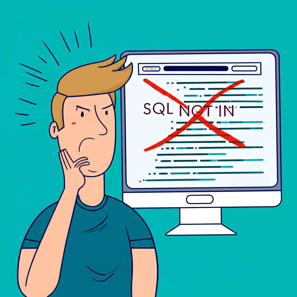 Illustration of a frustrated user facing DAX challenges when trying to replicate SQL NOT IN logic in Power BI