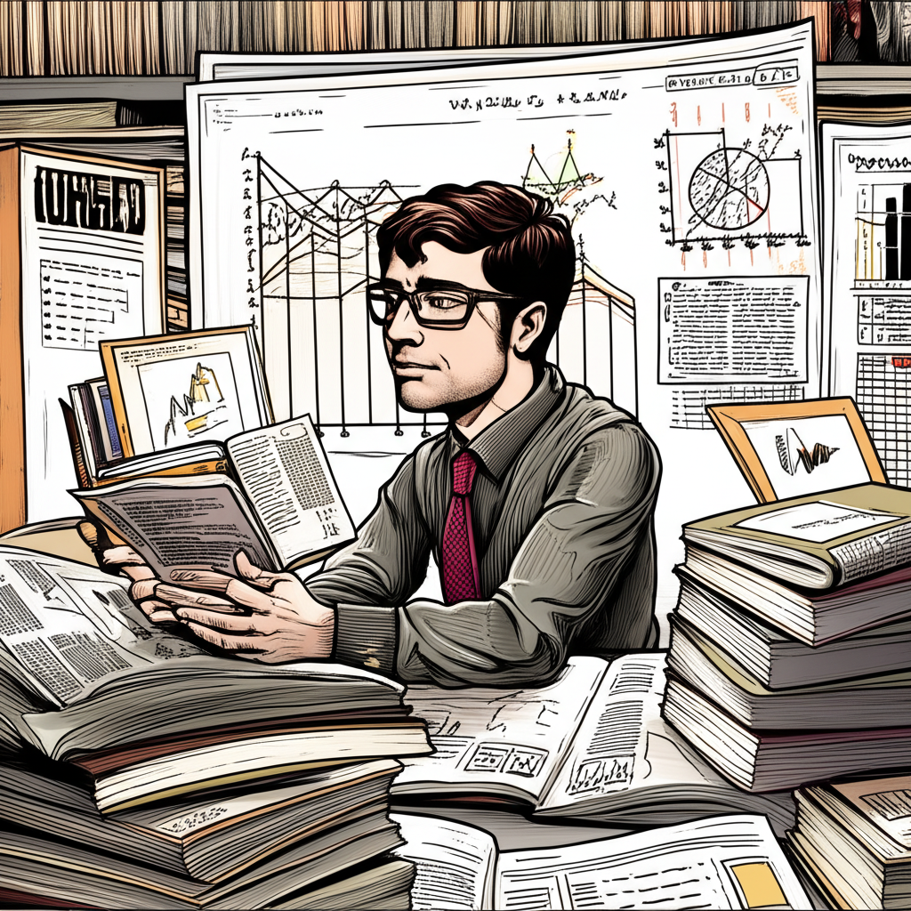 Young David Rosenberg studying economics at the University of Toronto surrounded by books and charts