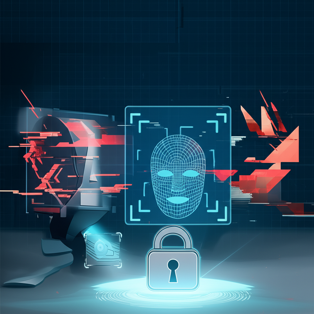 Biometrics as a robust cybersecurity solution, replacing vulnerable passwords. A stylized image showing a fingerprint scanner and facial recognition interface protecting a digital lock or network, against a backdrop of cyber threats, illustration style
