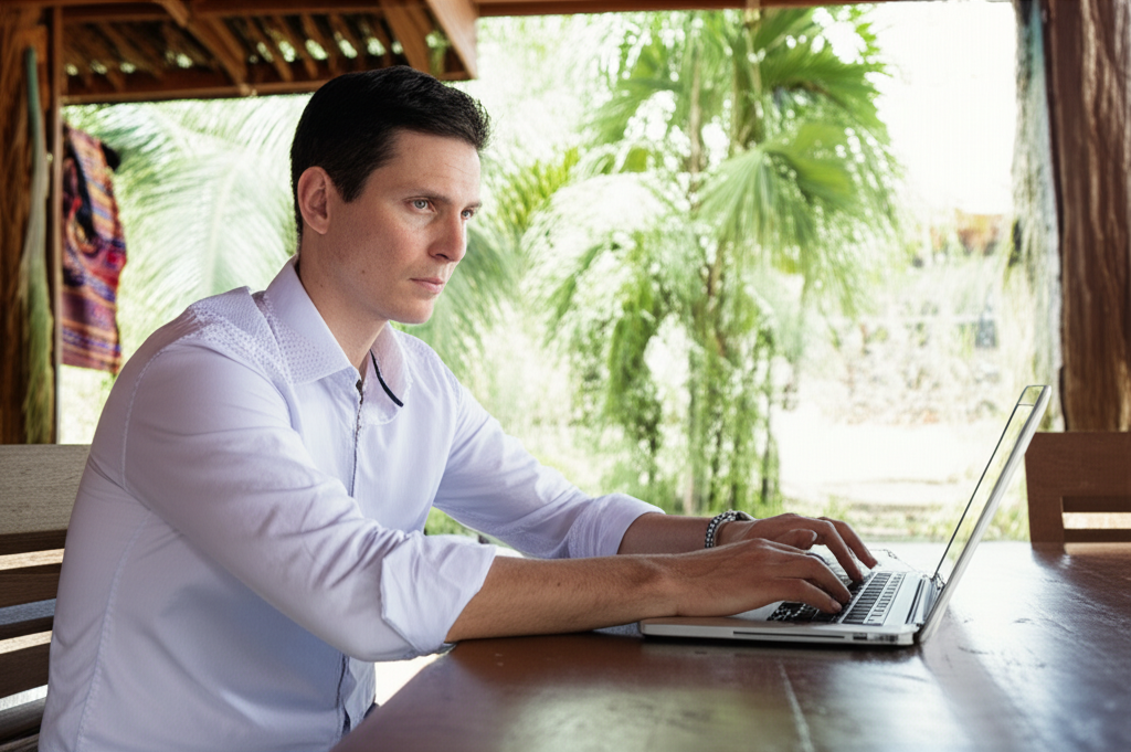 US trader using laptop while working remotely in Thailand