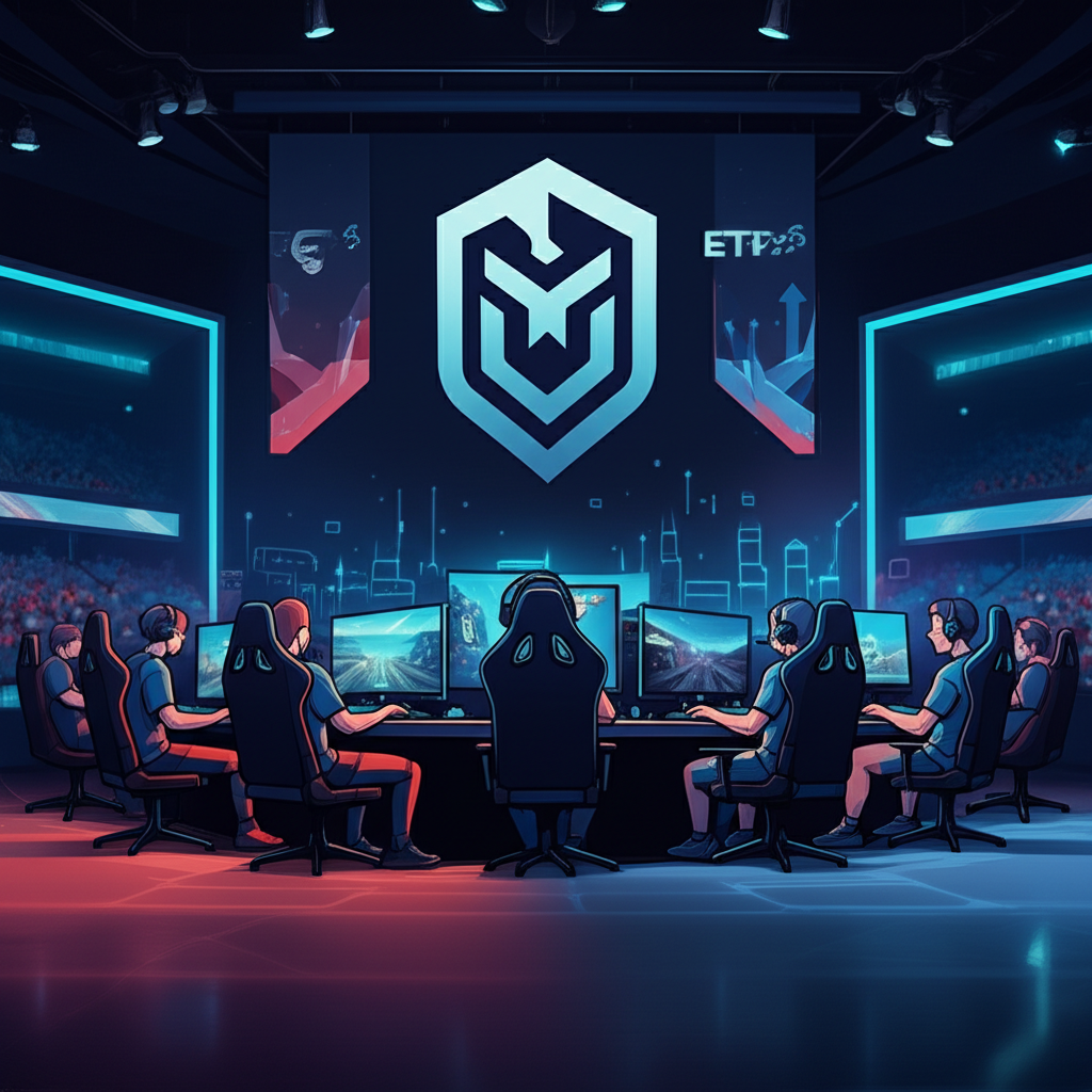 Illustration of a vibrant esports arena with gamers competing, digital entertainment elements, and a stylized NERD ETF logo, reflecting the fund's focus on gaming and digital growth