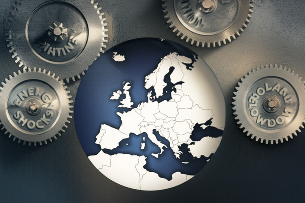 Interconnected gears representing inflation, energy shocks, and slowing global trade, with Europe at the center