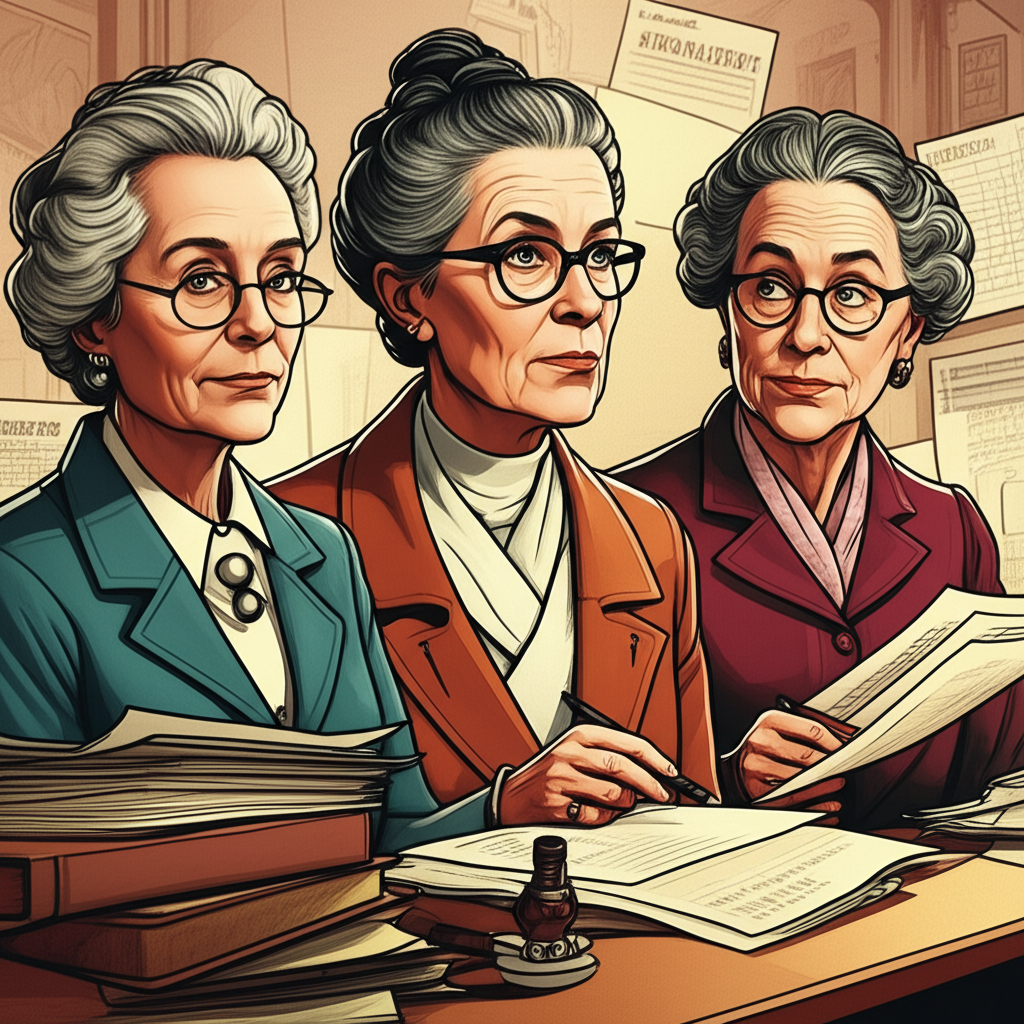 Historic female investors: Muriel Siebert on NYSE, Hetty Green with ledgers, Geraldine Weiss with dividend charts in a vintage financial setting