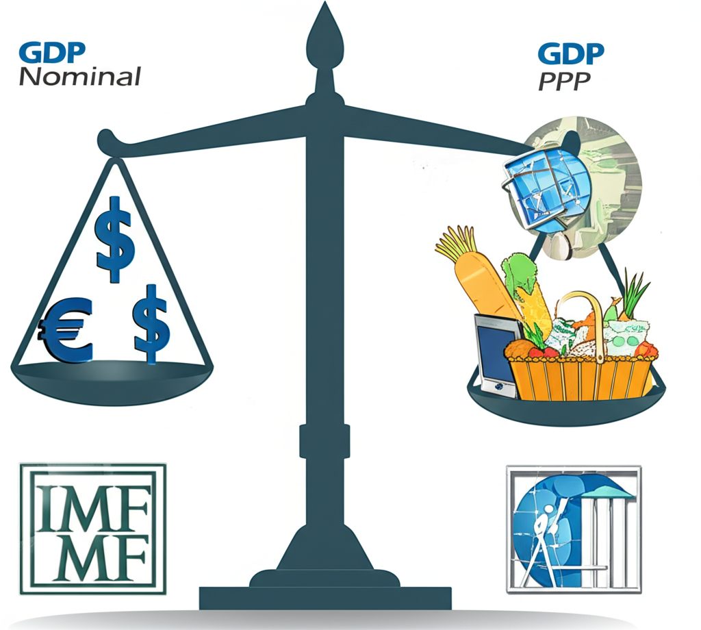 An illustration of two contrasting economic scales: one for 'GDP Nominal' showing market values and international currency, and another for 'GDP PPP' depicting a basket of goods to reflect real purchasing power, with small icons of the IMF and World Bank.