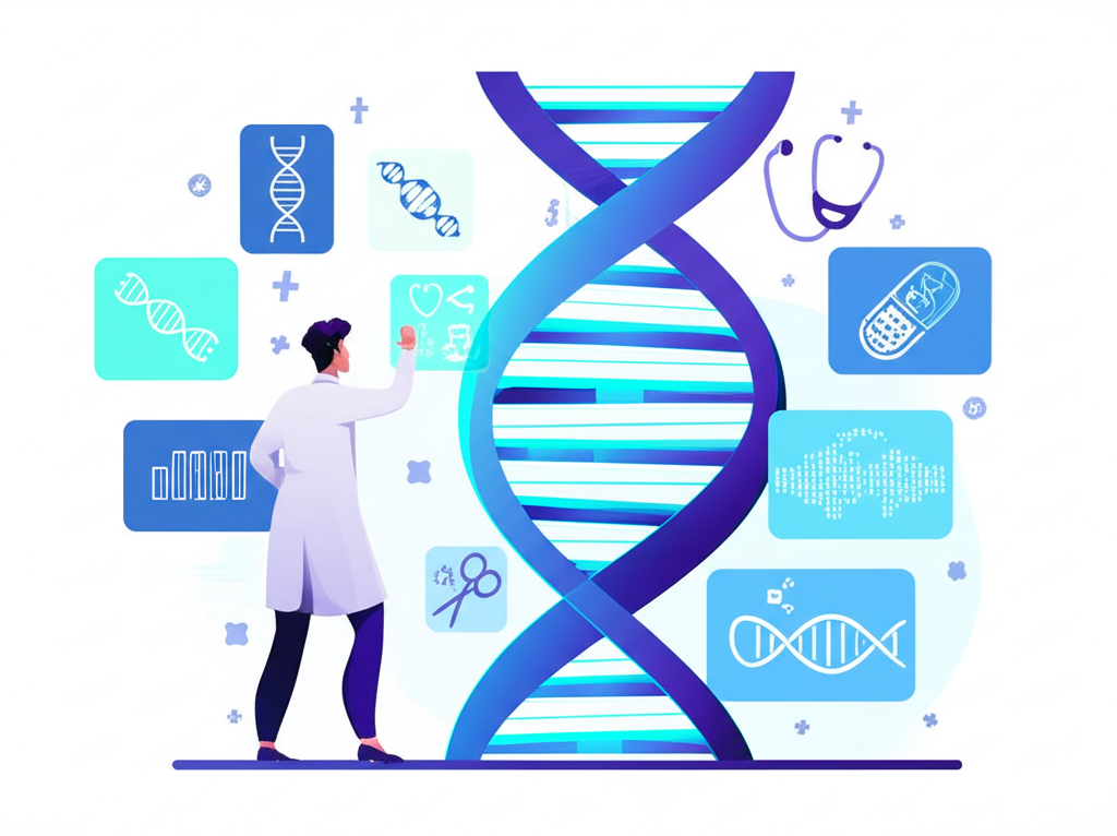 Scientist working with DNA strand and genomic technology icons representing the genomic revolution