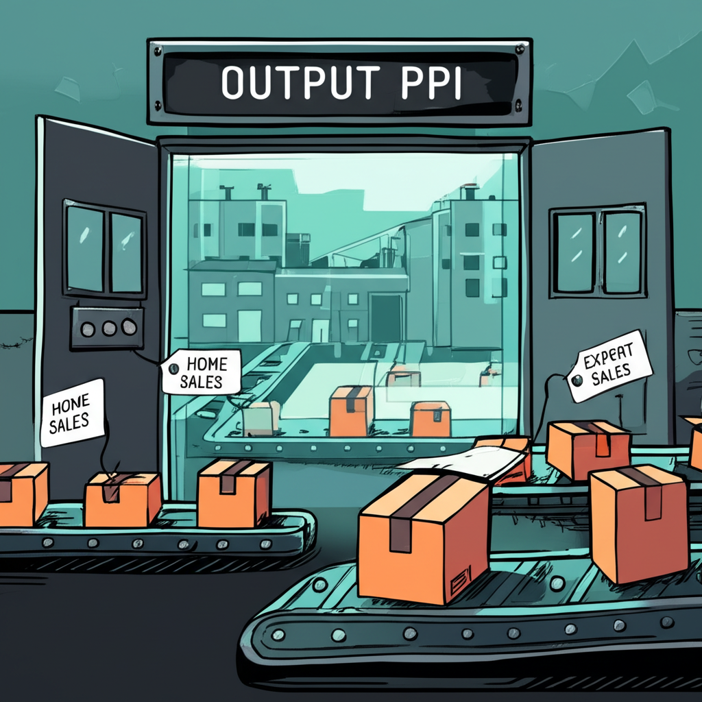 Illustration of Output PPI showing finished goods leaving a factory gate with rising price tags and links to consumer prices