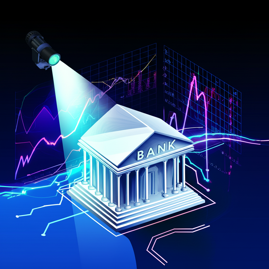 Illustration of U.S. Bank building under spotlight with financial charts and economic landscape in background, symbolizing resilience and strategic planning