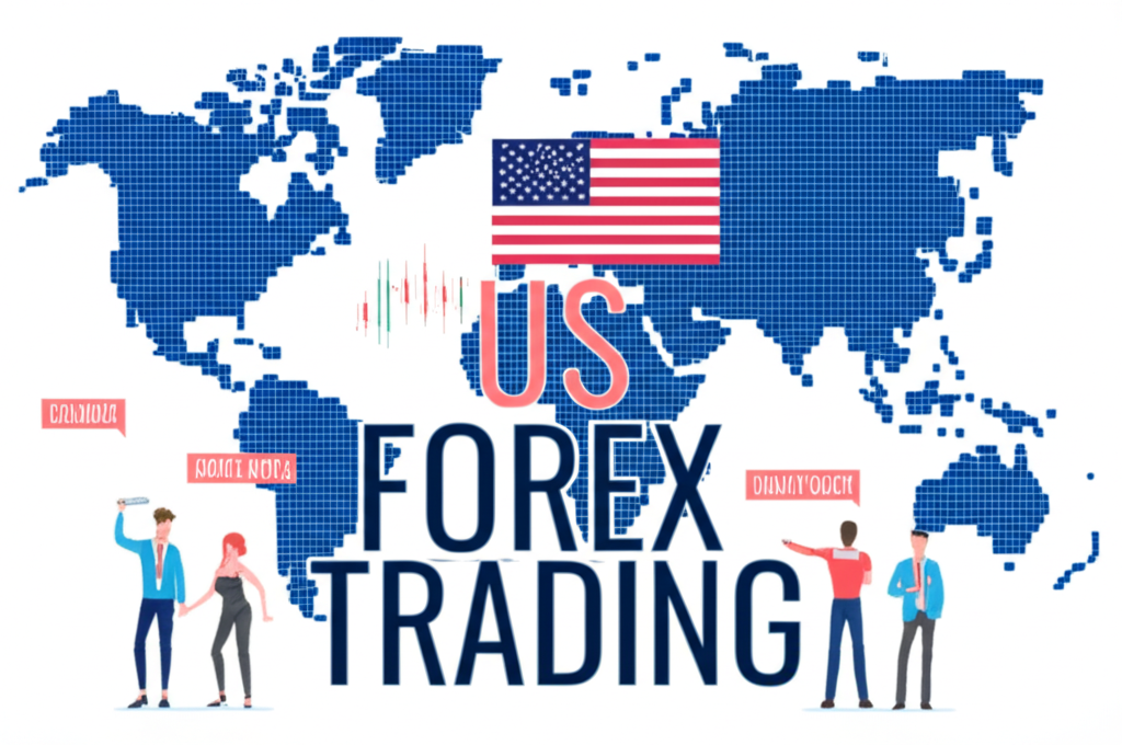 Illustration of US forex trading with regulatory symbols and trading platforms