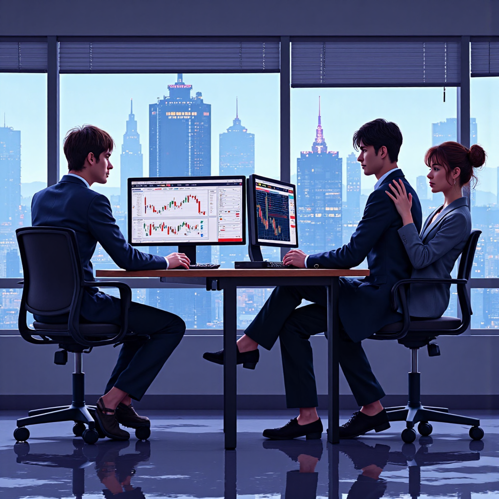 Diverse group of traders in a modern Taiwanese office analyzing forex charts with subtle arbitrage symbols